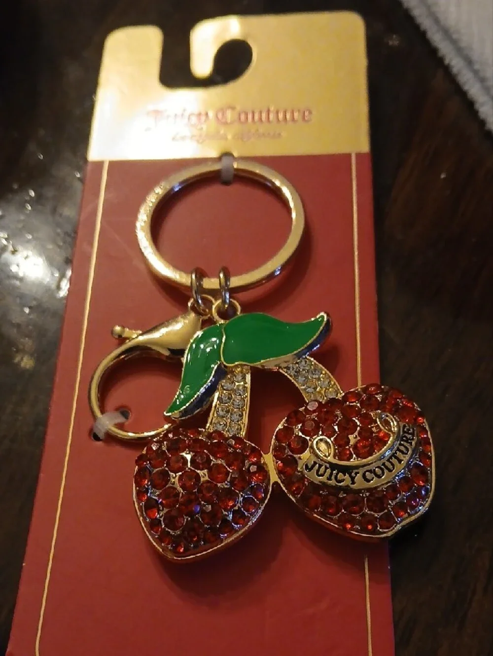 Juicy Couture Red Crystal Cherry Keychain with Green Leaves